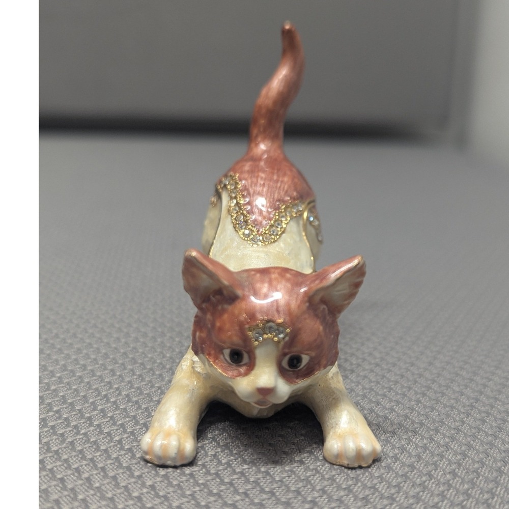 Enamel Cat Trinket Box Hinged Crystal Rhinestone Jeweled Kitty Figurine Magnetic